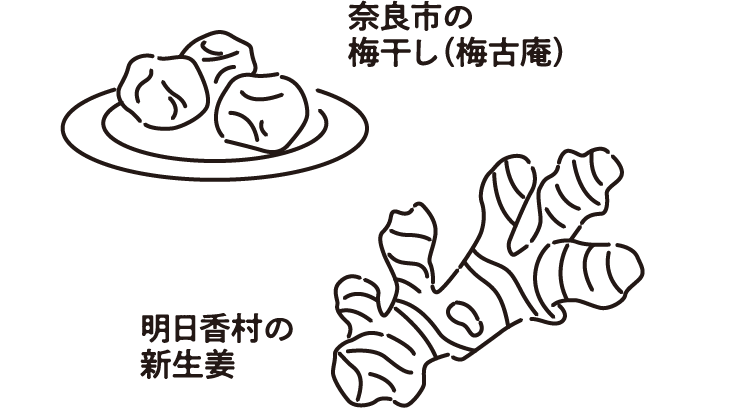 奈良市の梅干し（梅古庵）、明日香村の新生姜